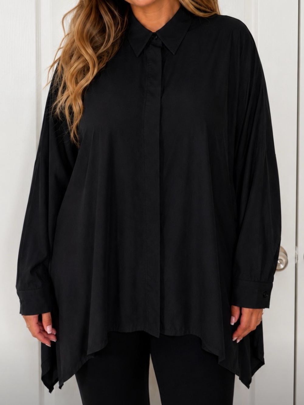 Eileen Fisher Button Front Tunic Top 3X Black 100% Silk Collar Dolman Oversized